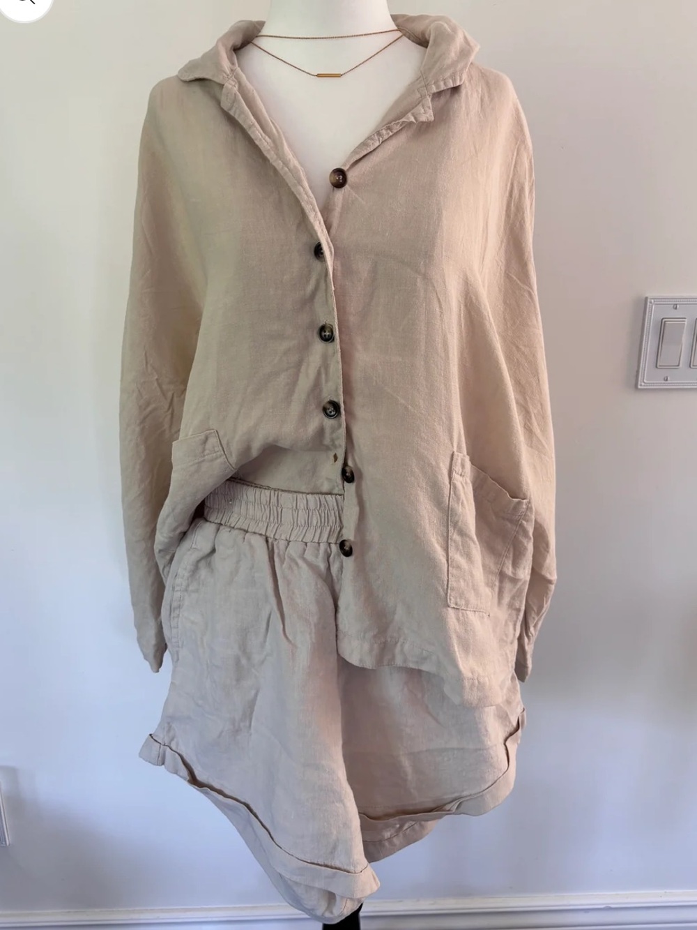 Golden August Light Beige Linen Button-Up Set